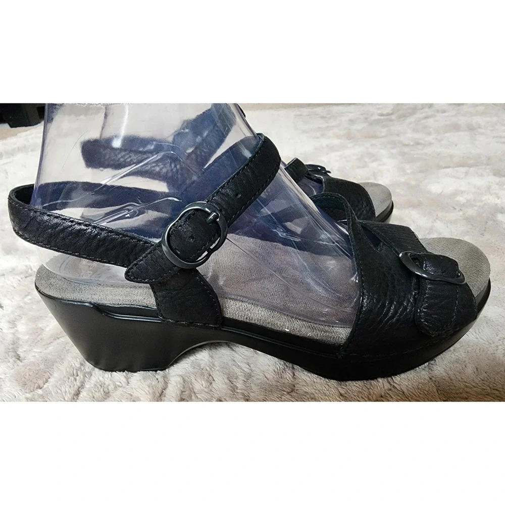 Dansko Black Pebbled Leather Wedge Sandals Strappy Slingback Buckle Shoes Eu 40